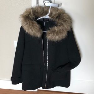 Faux fur hooded wool pea coat
